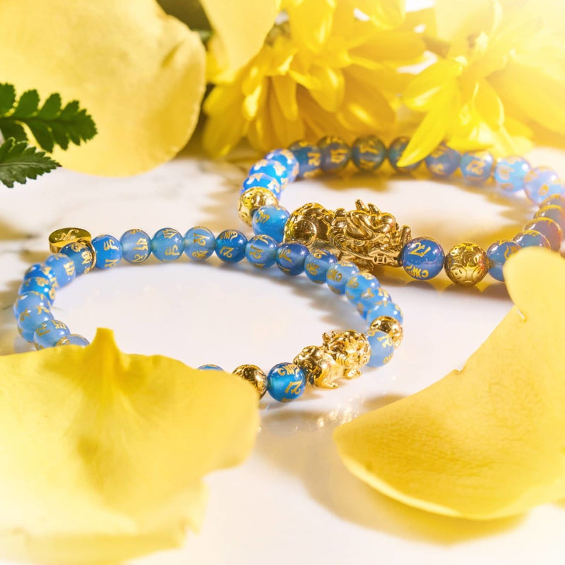 Bracelet Mini Pixiu Feng Shui | Élément EAU | Agate bleue x or 18 carats