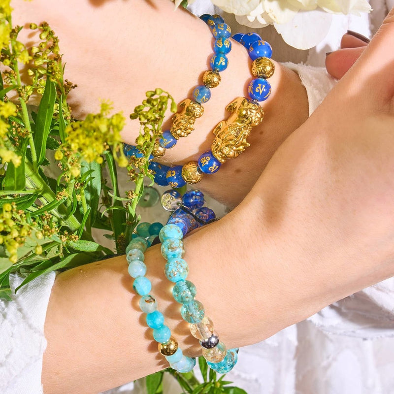 Bracelet Mini Pixiu Feng Shui | Élément EAU | Agate bleue x or 18 carats