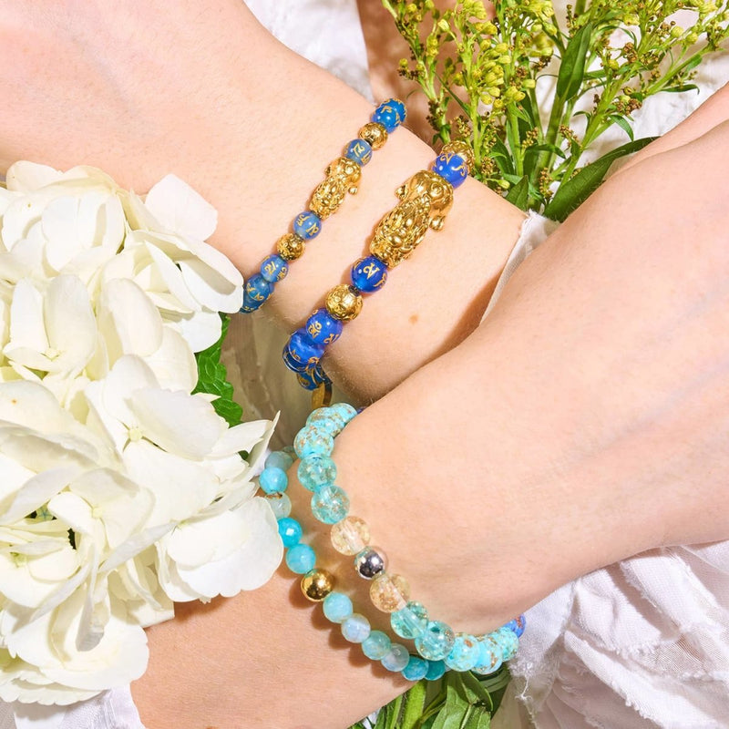 Bracelet Pixiu Feng Shui | Élément EAU | Agate bleue x or 18 carats