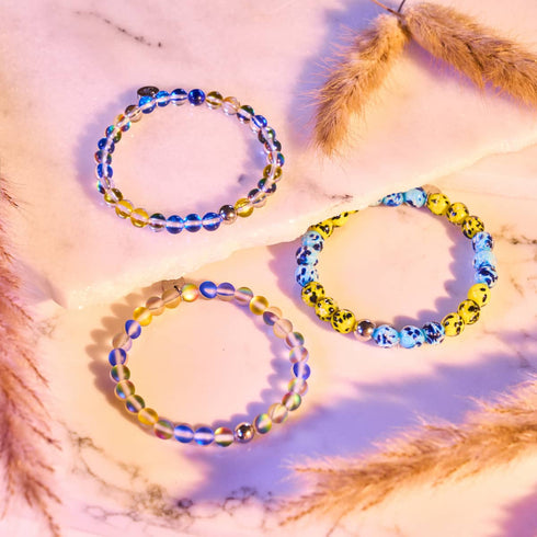 Soleil et ciel | Aide ukrainienne | Bracelet de perles de verre Firefly