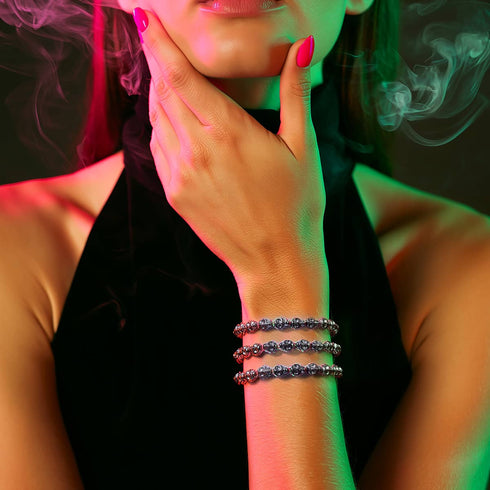 Blush Nocturne | Silver Hematite Skulls x Pink GloWeave | Macrame Bracelet