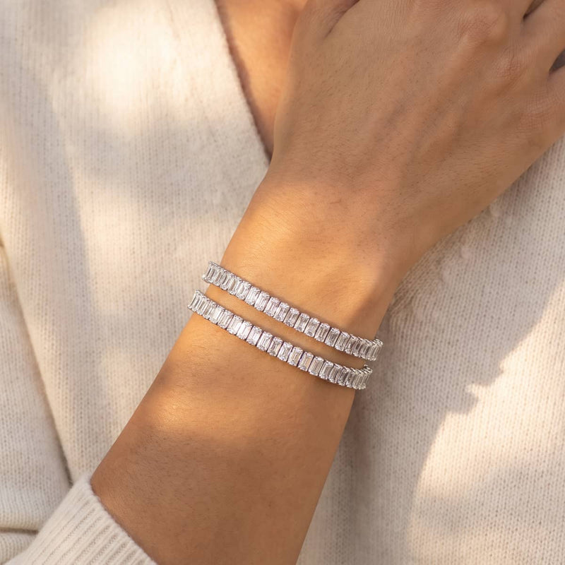 Cristal coupé baguette x Rhodium | Bracelet de tennis
