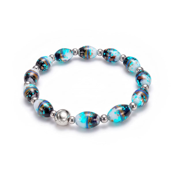 Foggy Cliffs Tiger Glass oval bracelet with turquoise blue, black and bronze marbled beads and silver stainless steel accents.