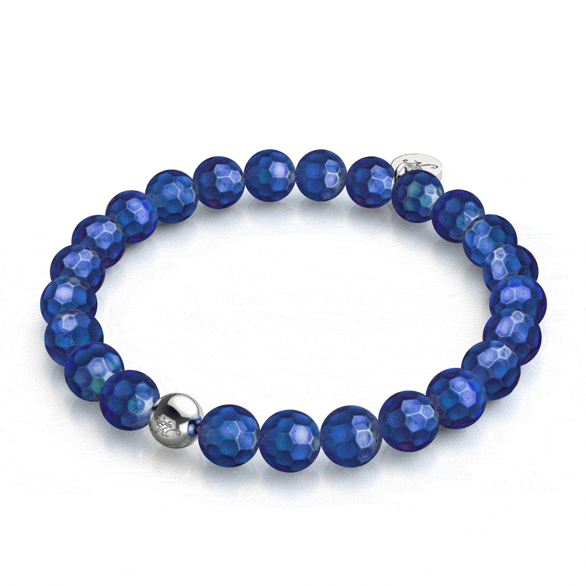 Chromata MoodSphere Bracelet with faceted blue mood stones and silver stainless steel bead by NOGU
