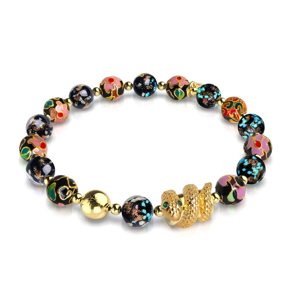 Shadow Dragon enamel lotus and onyx Firefly glass bead bracelet with 18k gold-plated serpent charm by NOGU