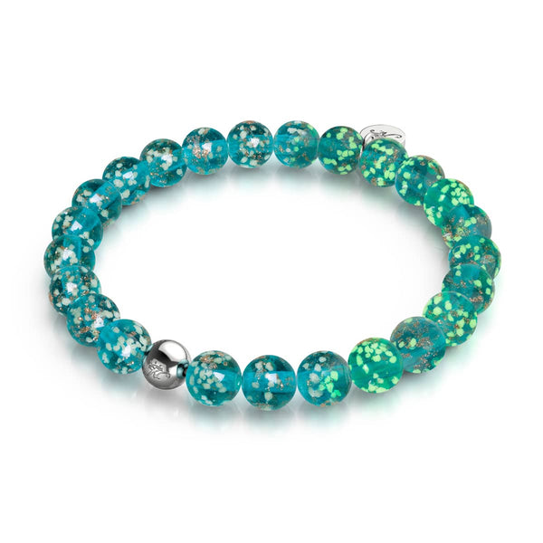 Teal Firefly Glass Bracelet with .925 sterling silver bead and stretch cord featuring glowing handcrafted beads by NOGU