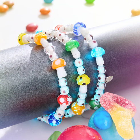 Rainbow | .925 Sterling Silver | Deluxe Firefly Glass Mushroom Bracelet