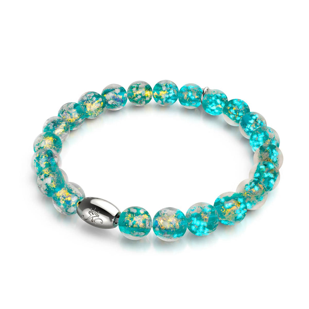 Aurora Spark bracelet with turquoise and gold flecked Firework Glass beads and silver clasp made of .925 sterling silver by NOGU