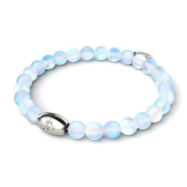 Rainbow White mermaid glass bead bracelet with iridescent 6mm beads and sterling silver charm by NOGU