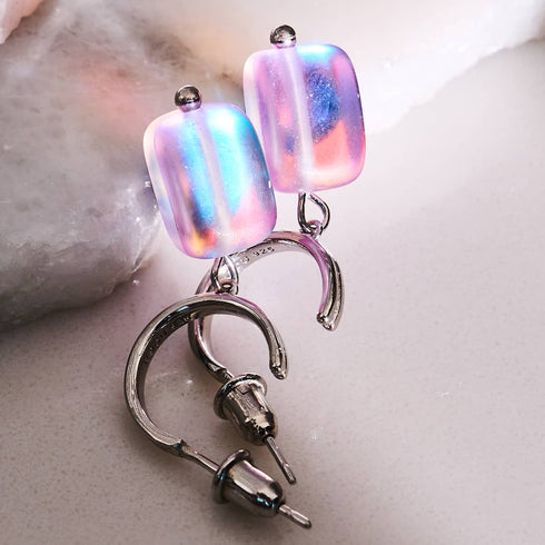Lavande | Argent sterling 925 | Boucles d'oreilles créoles en forme de galets de verre de sirène 