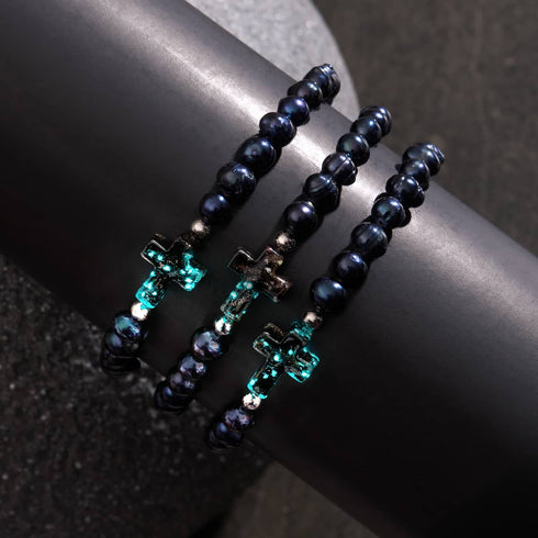 Jeanne d'Arc | Argent sterling 925 | Bracelet croix en verre luciole obsidienne et perles d'eau douce noires 