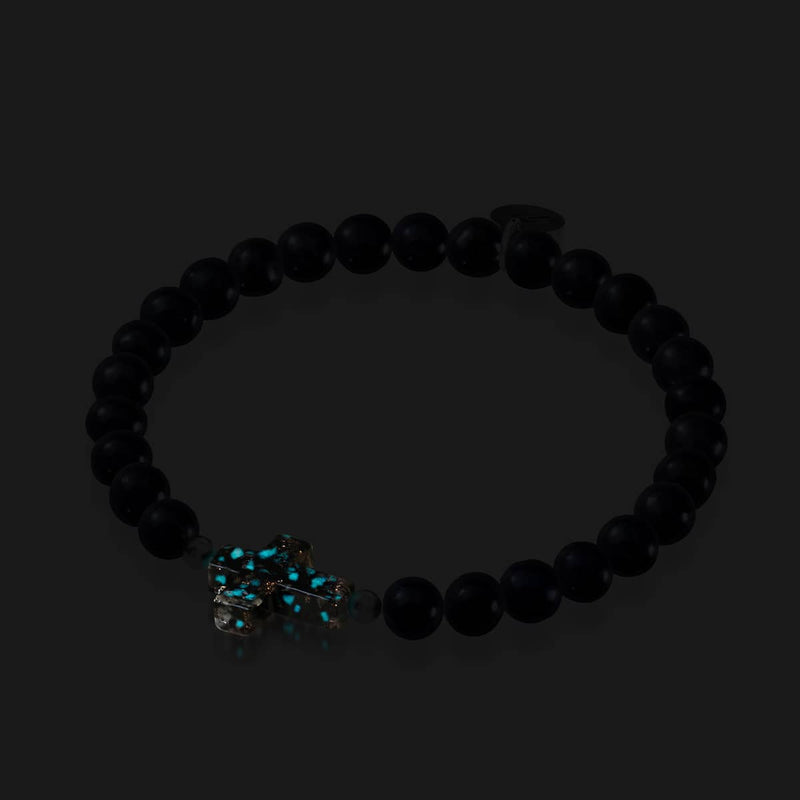Joan of Arc | .925 Sterling Silver | Obsidian Firefly Glass x Black Freshwater Pearl Cross Bracelet