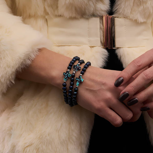 Jeanne d'Arc | Argent sterling 925 | Bracelet croix en verre luciole obsidienne et perles d'eau douce noires 