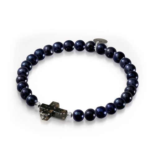 Jeanne d'Arc | Argent sterling 925 | Bracelet croix en verre luciole obsidienne et perles d'eau douce noires 