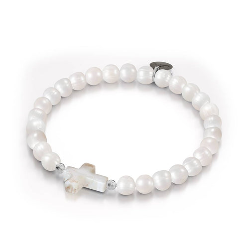 St. Amanda | Bracelet croix en argent sterling 925 avec perles d'eau douce en verre albâtre et ivoire