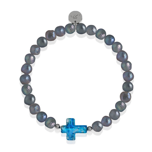 St. Ambrosia | Bracelet croix en argent sterling 925 avec perles d'eau douce holographiques et verre Firefly turquoise 
