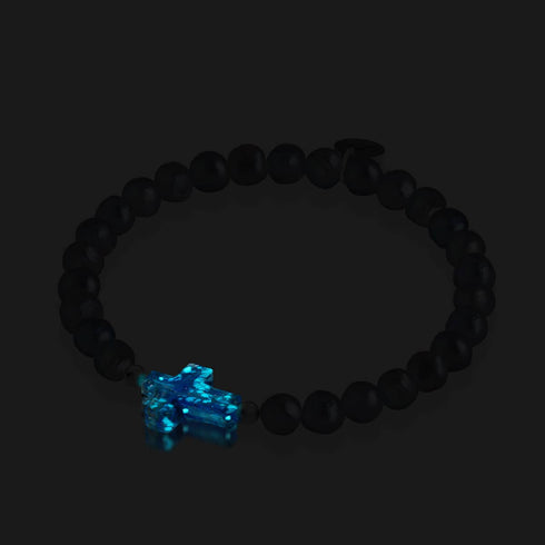 St. Ambrosia | Bracelet croix en argent sterling 925 avec perles d'eau douce holographiques et verre Firefly turquoise 