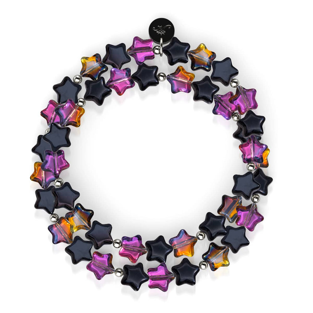 Midnight Borealis star wrap with colorful star beads on clear stretch cord and .925 sterling silver accents by NOGU