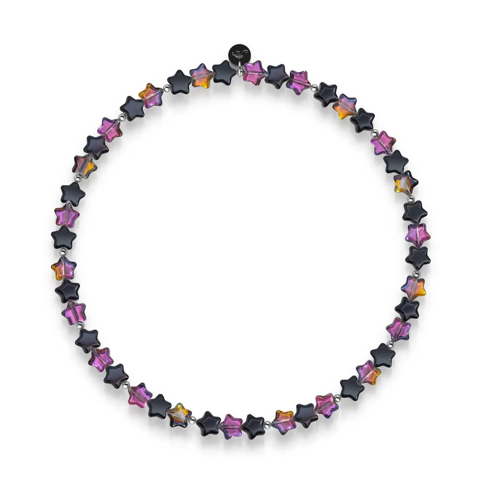 Midnight Borealis star wrap necklace with black and purple star beads on stretchable cord with .925 sterling silver base by NOGU