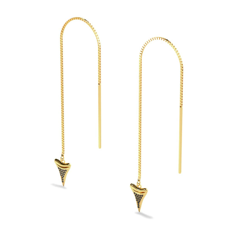 Boucles d'oreilles à enfiler avec chaîne à dents de requin par Lauren Howe | Or Vermeil .925 | Cristal noir