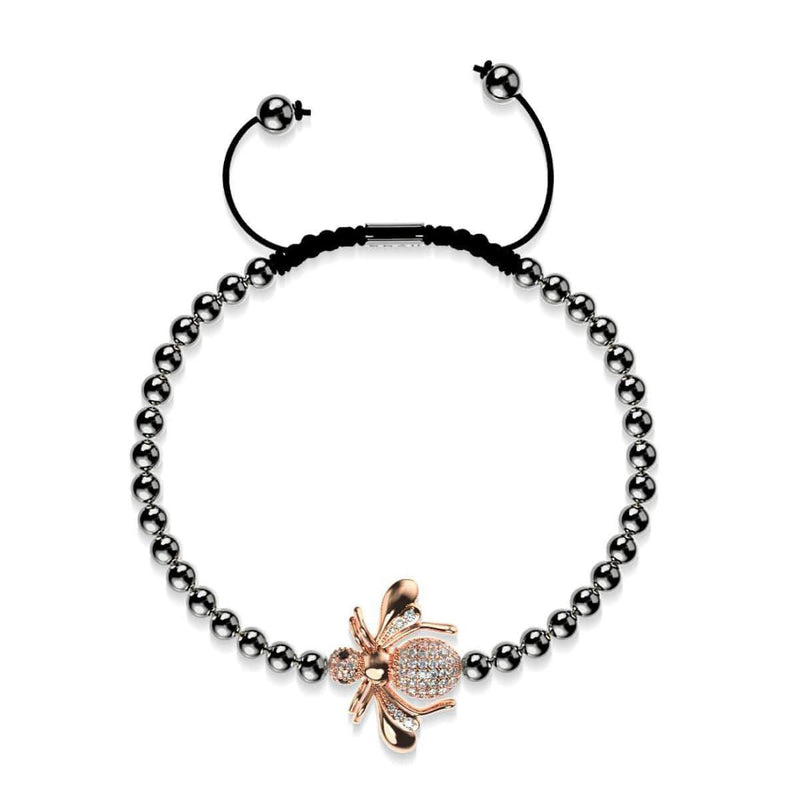 Queen | Gunmetal & 18k Rose Gold | Crystal Honeybee Macrame Charmballa Bracelet