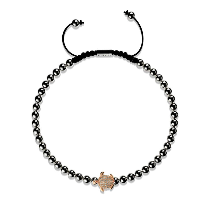 Tortue | Or rose 18 carats et bronze à canon | Noir | Tortue de mer de cristal | Bracelet Charmballa en macramé
