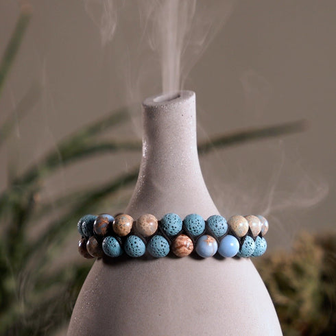 Jaspe bleu océanique | Bronze à canon | Bracelet Diffuseur Pierre de Lave