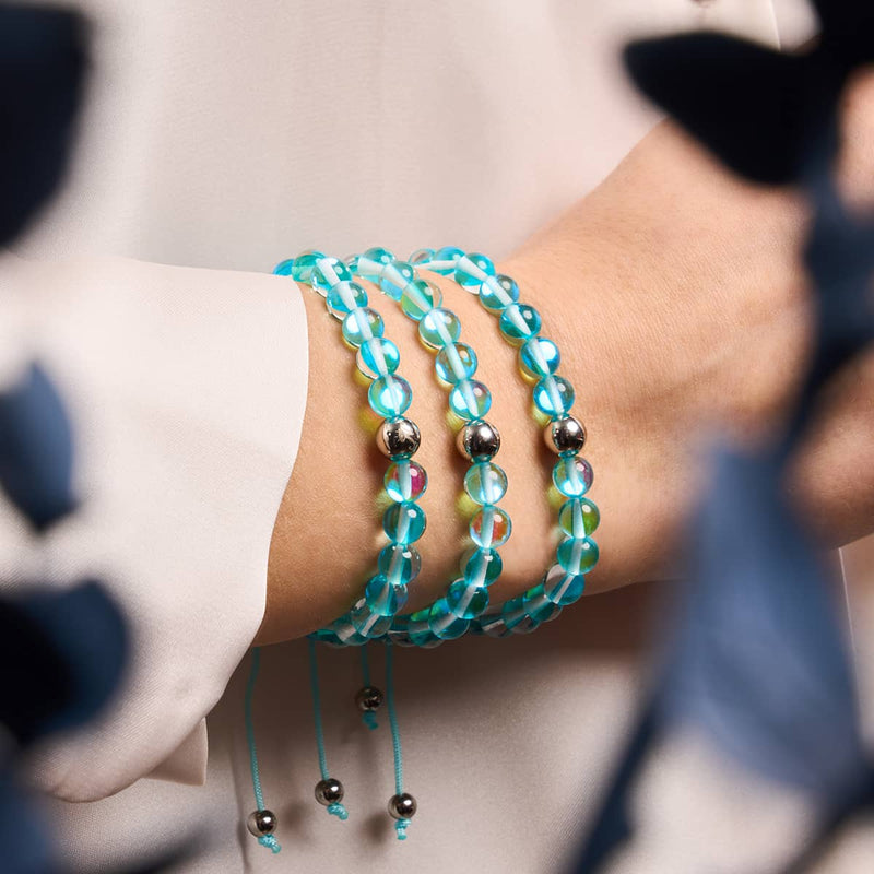 Nébuleuse bleue | Argent | Bracelet de perles en macramé de verre Galaxy