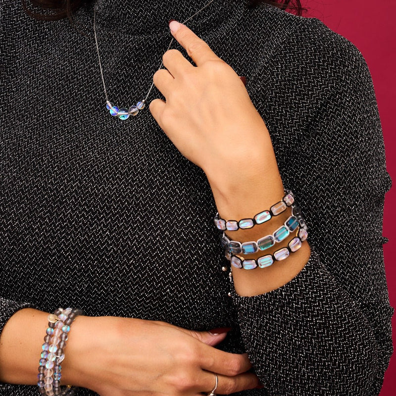 Supernova arc-en-ciel | Argent | Bracelet macramé galets de verre galaxie 