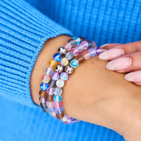 Bubble Gum Mermaid Glass Bead Bracelet featuring multicolor 6mm iridescent beads on clear elastic cord by NOGU