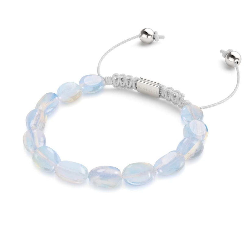 Argent x Blanc | Bracelet Macramé Galet Pierre de Lune Opale