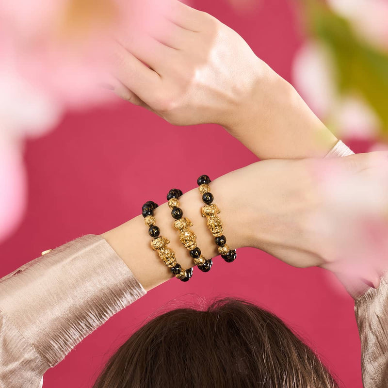 Bracelet Pixiu Feng Shui | Élément CARBONE | Agate noire x or 18 carats