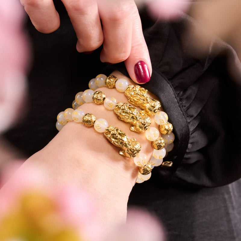 Bracelet Pixiu Feng Shui | Élément OR | Agate blanche x or 18 carats