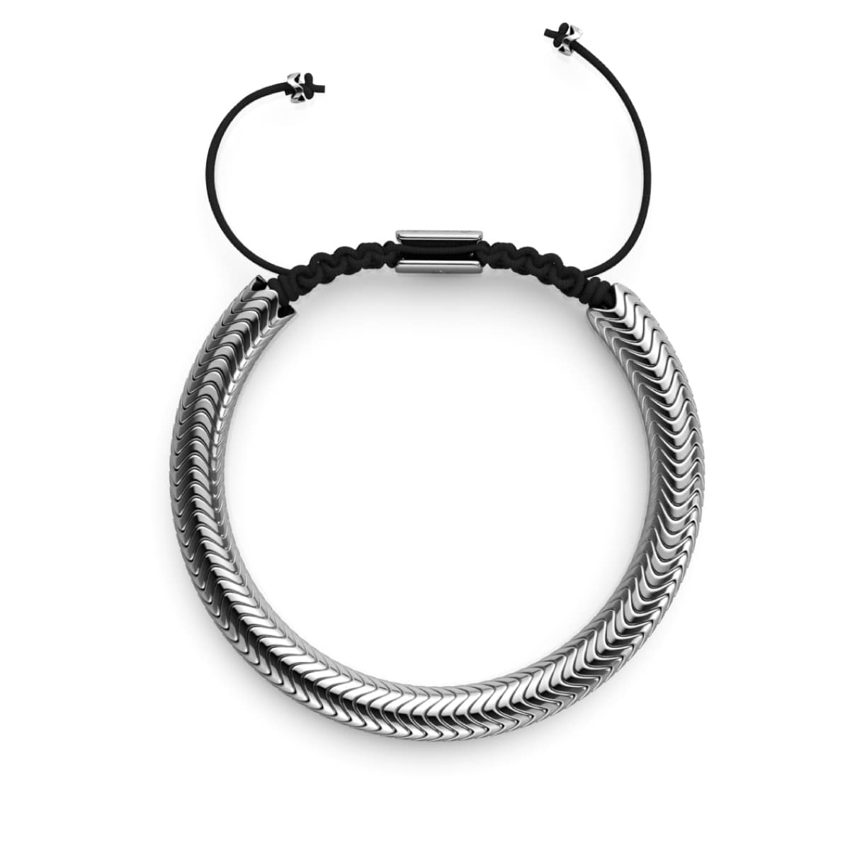 A woman's wrist with a dark, snake-like bracelet, perfect for a subtle Halloween look.