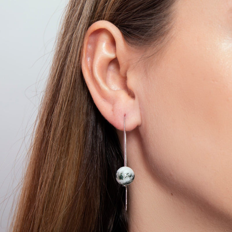 Agate des arbres | Argent sterling .925 | Boucles d'Oreilles Chaîne Drop Threader Gemstone