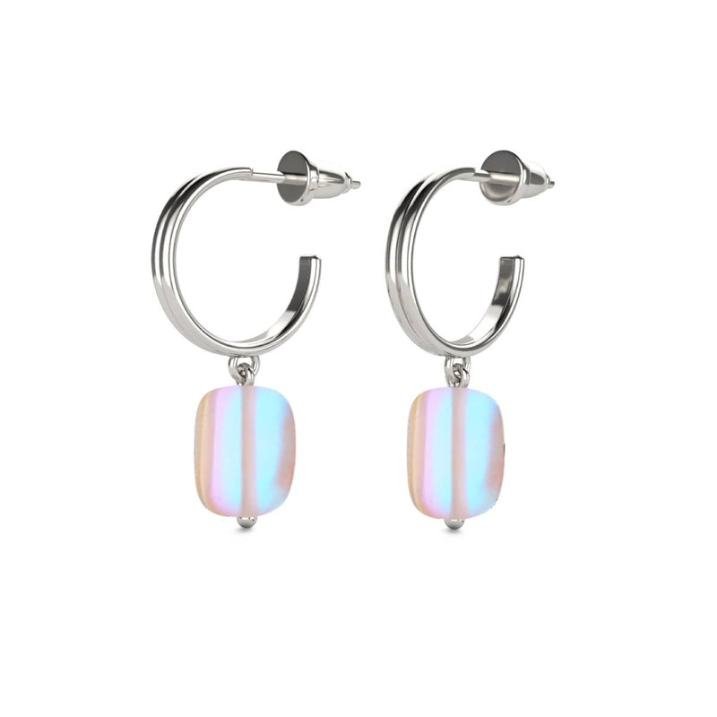 Boucles d'oreilles créoles en forme de galets de verre arc-en-ciel blanc | Argent sterling 925 